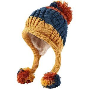 Women Winter Beanie Hat Peruvian Ear Flap Fleece Knit Ski Snow Hat 3 Pom Pom
